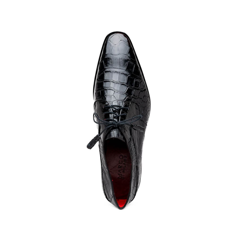 The Fitipaldi Black by Marco Di Milano: luxury black crocodile-patterned leather dress shoes with laces, one upright and one sole up to reveal a hand-painted orange-brown sole.