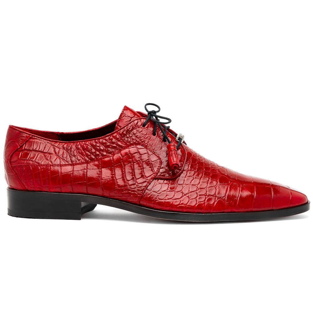 The Marco Di Milano Fitipaldi Red features luxury handmade men's shoes in red crocodile-pattern leather with black laces and brown soles—one shoe upright, the other propped beneath.