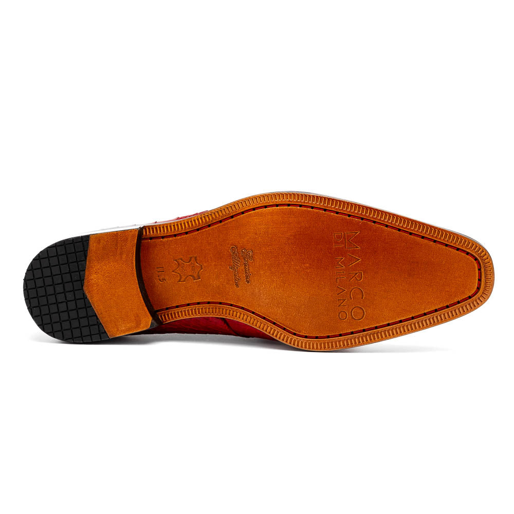 The Marco Di Milano Fitipaldi Red features luxury handmade men's shoes in red crocodile-pattern leather with black laces and brown soles—one shoe upright, the other propped beneath.