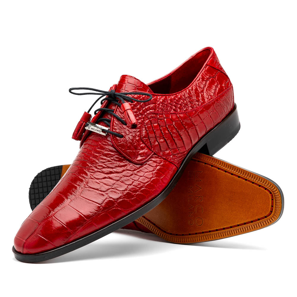 The Marco Di Milano Fitipaldi Red features luxury handmade men's shoes in red crocodile-pattern leather with black laces and brown soles—one shoe upright, the other propped beneath.