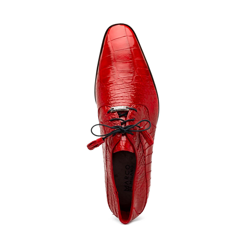 The Marco Di Milano Fitipaldi Red features luxury handmade men's shoes in red crocodile-pattern leather with black laces and brown soles—one shoe upright, the other propped beneath.