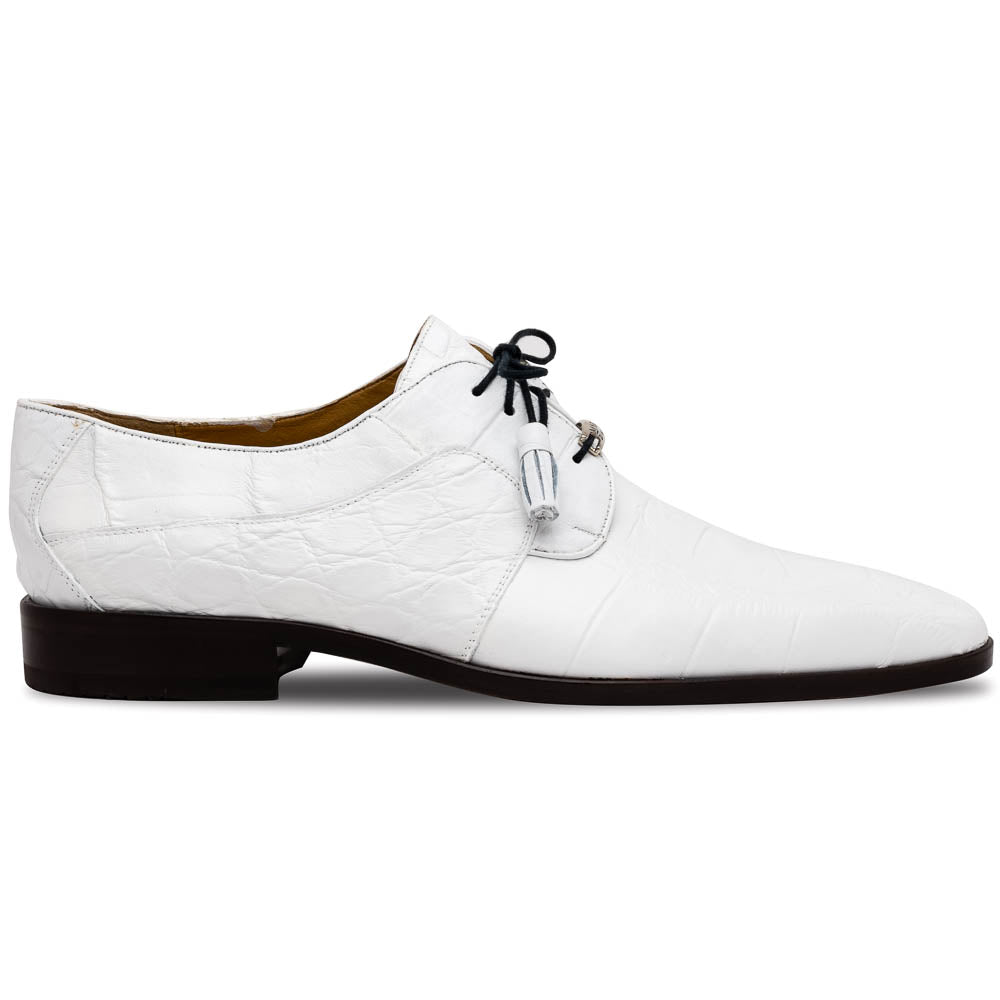 The Fitipaldi White by Marco Di Milano is a luxury men's dress shoe in white leather with black laces and an orange-brown sole, featuring the brand's signature style—ideal for those seeking standout footwear.