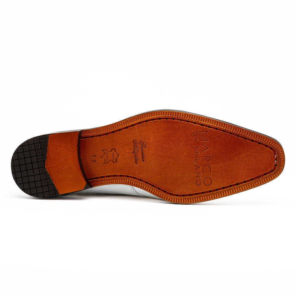 The Fitipaldi White by Marco Di Milano is a luxury men's dress shoe in white leather with black laces and an orange-brown sole, featuring the brand's signature style—ideal for those seeking standout footwear.