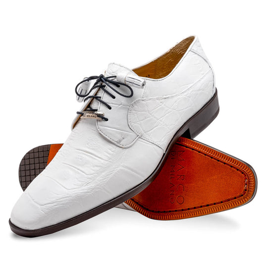 The Fitipaldi White by Marco Di Milano is a luxury men's dress shoe in white leather with black laces and an orange-brown sole, featuring the brand's signature style—ideal for those seeking standout footwear.