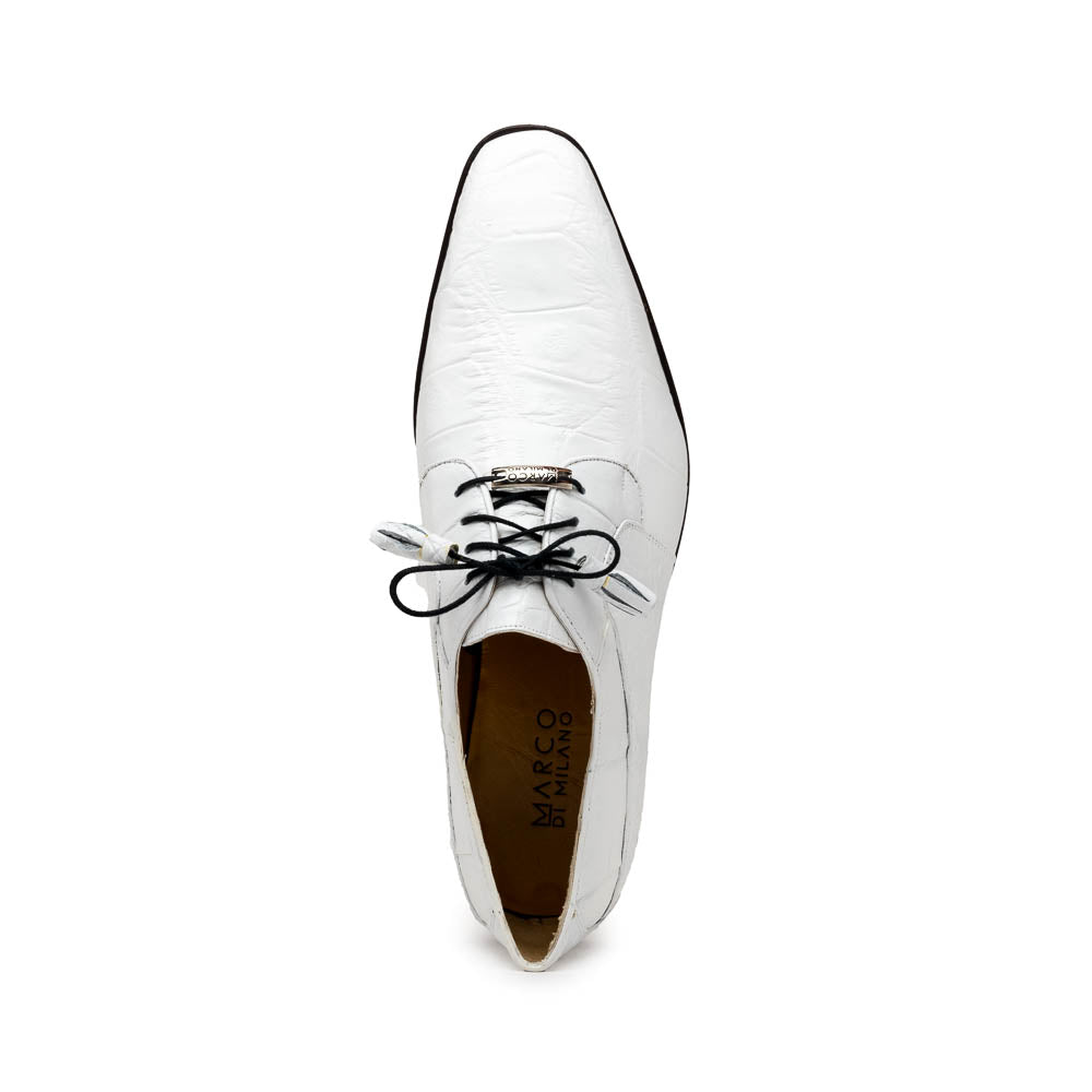 The Fitipaldi White by Marco Di Milano is a luxury men's dress shoe in white leather with black laces and an orange-brown sole, featuring the brand's signature style—ideal for those seeking standout footwear.