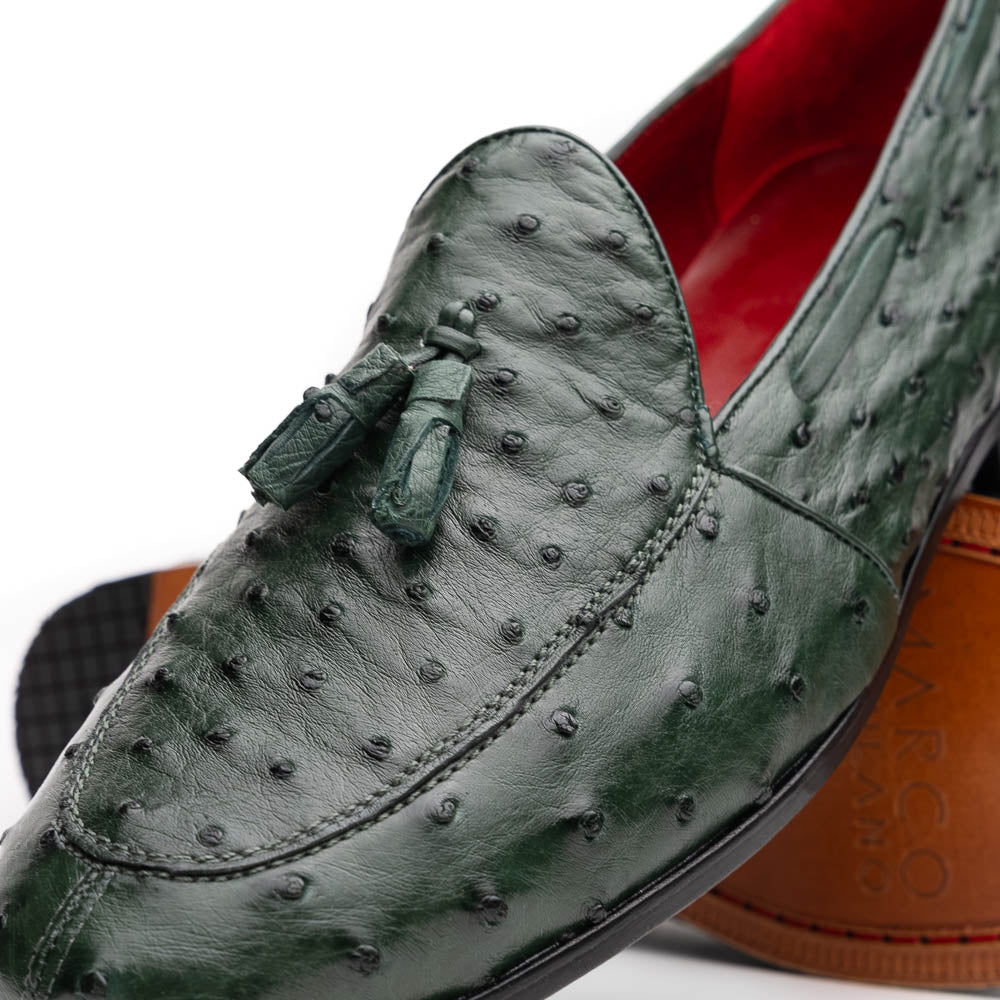 The Marco Di Milano Aubiere Forest Green features luxury ostrich tassel loafers with genuine quill texture, red interior lining, and tan leather soles.