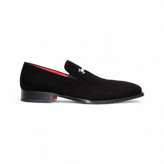 The Emilio Franco Francesco Black is a handcrafted black suede men’s dress shoe by Emilio Franco, featuring a silver metal upper accent, red inner lining, and low black heel, shown on a white background.