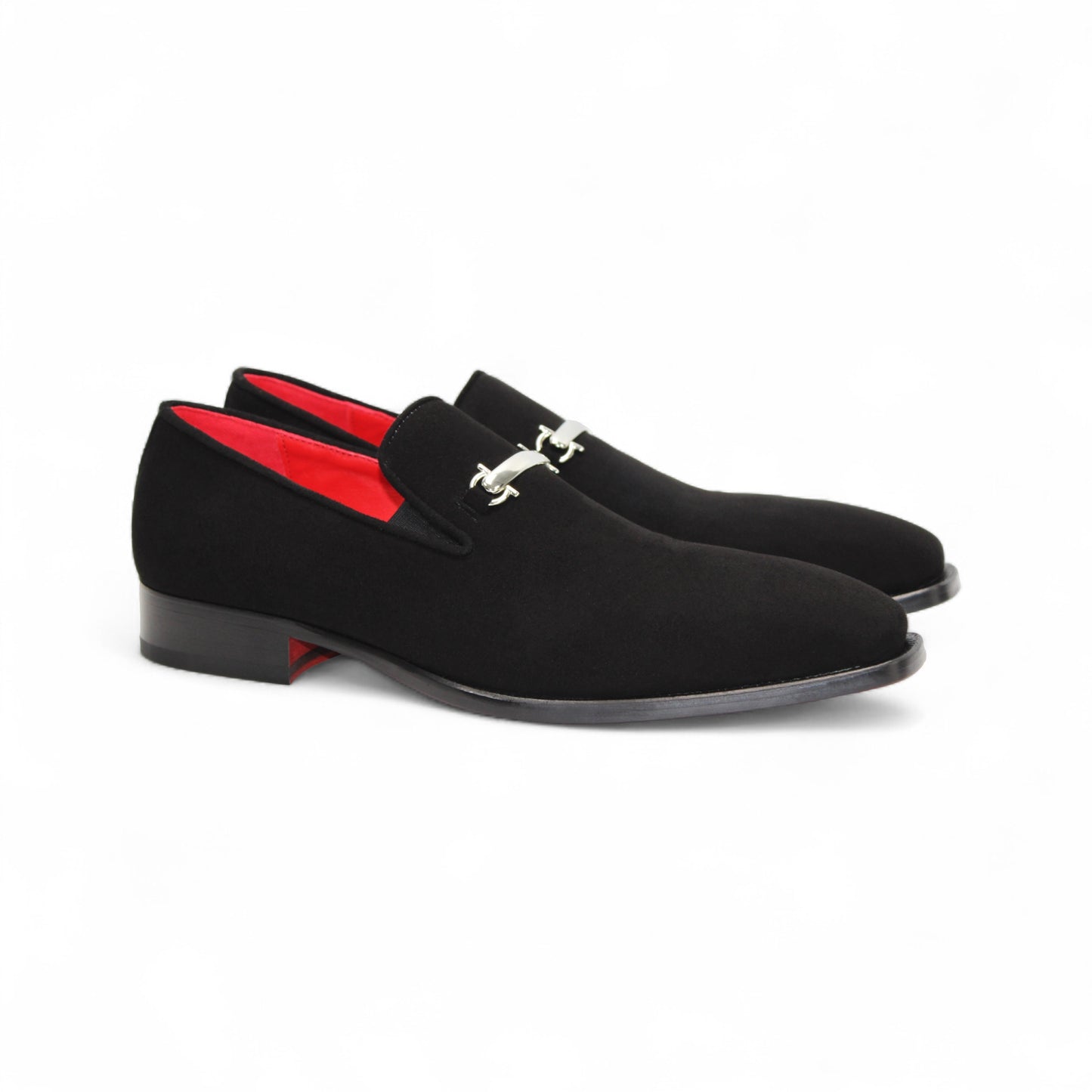 The Emilio Franco Francesco Black is a handcrafted black suede men’s dress shoe by Emilio Franco, featuring a silver metal upper accent, red inner lining, and low black heel, shown on a white background.