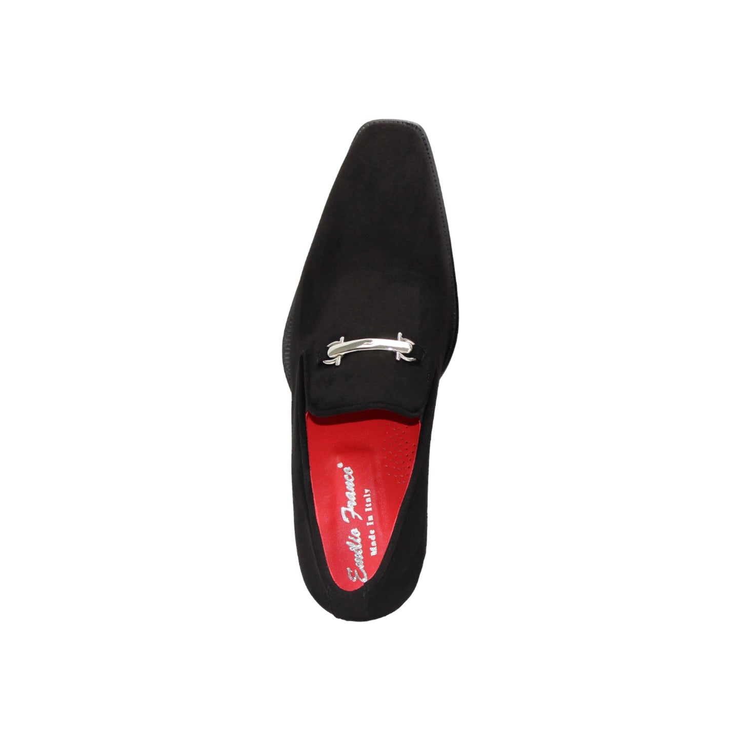 The Emilio Franco Francesco Black is a handcrafted black suede men’s dress shoe by Emilio Franco, featuring a silver metal upper accent, red inner lining, and low black heel, shown on a white background.