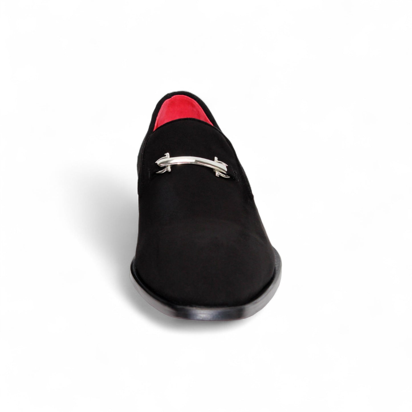The Emilio Franco Francesco Black is a handcrafted black suede men’s dress shoe by Emilio Franco, featuring a silver metal upper accent, red inner lining, and low black heel, shown on a white background.