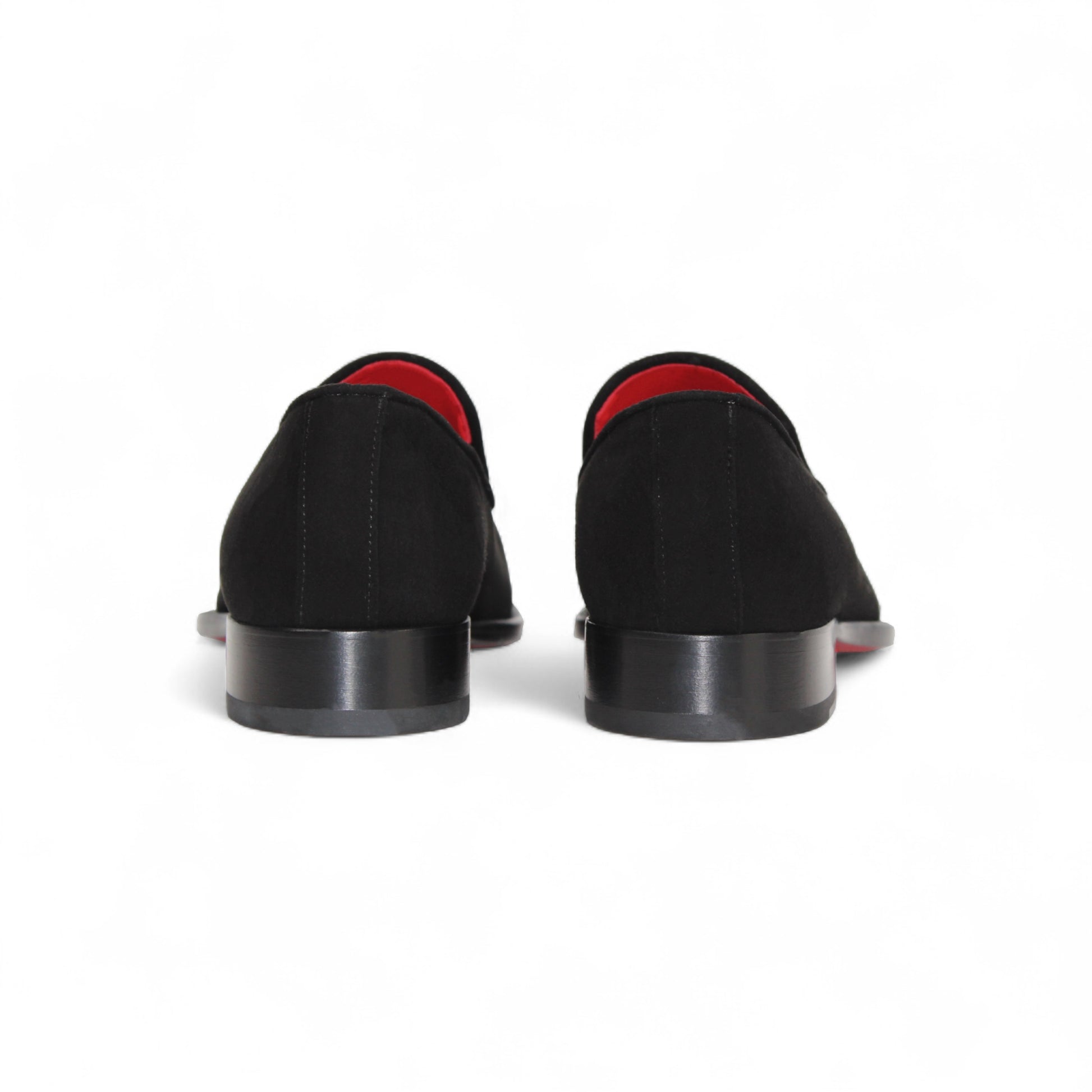 The Emilio Franco Francesco Black is a handcrafted black suede men’s dress shoe by Emilio Franco, featuring a silver metal upper accent, red inner lining, and low black heel, shown on a white background.