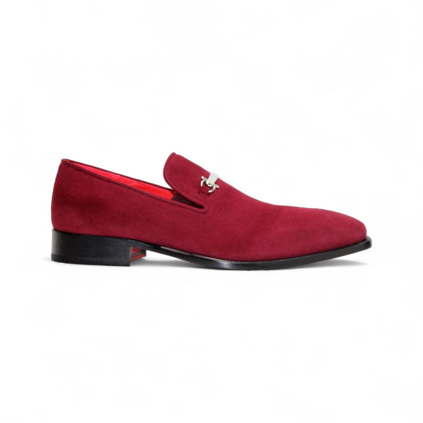 The Emilio Franco Francesco Burgundy, a handcrafted Italian loafer in red suede with a black sole and a subtle silver accent near the opening, is displayed on a white background.