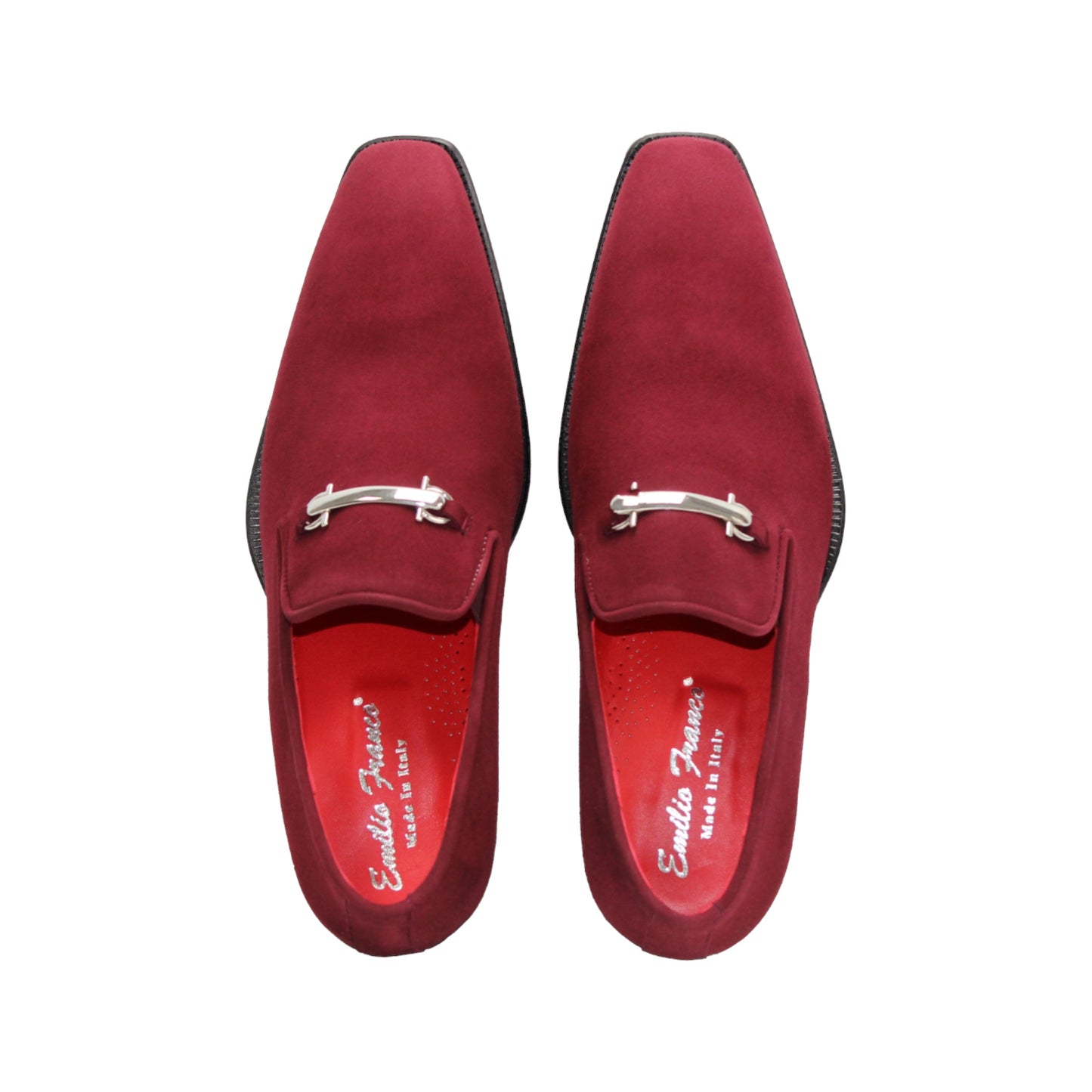 The Emilio Franco Francesco Burgundy, a handcrafted Italian loafer in red suede with a black sole and a subtle silver accent near the opening, is displayed on a white background.