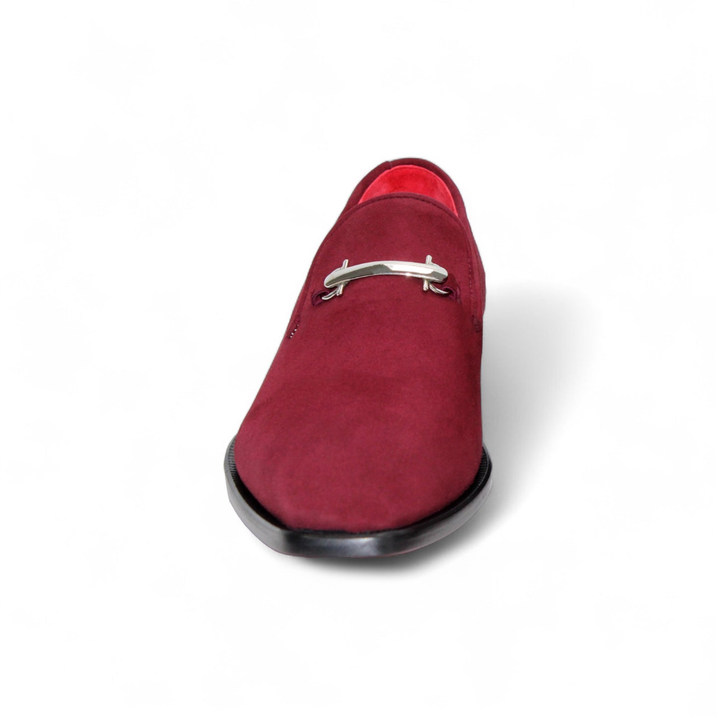 The Emilio Franco Francesco Burgundy, a handcrafted Italian loafer in red suede with a black sole and a subtle silver accent near the opening, is displayed on a white background.
