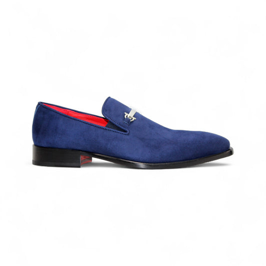 The Emilio Franco Francesco Navy is a handcrafted blue suede men’s dress shoe featuring silver metal detail, a red inner lining, and black sole, displayed in side profile against a white background.