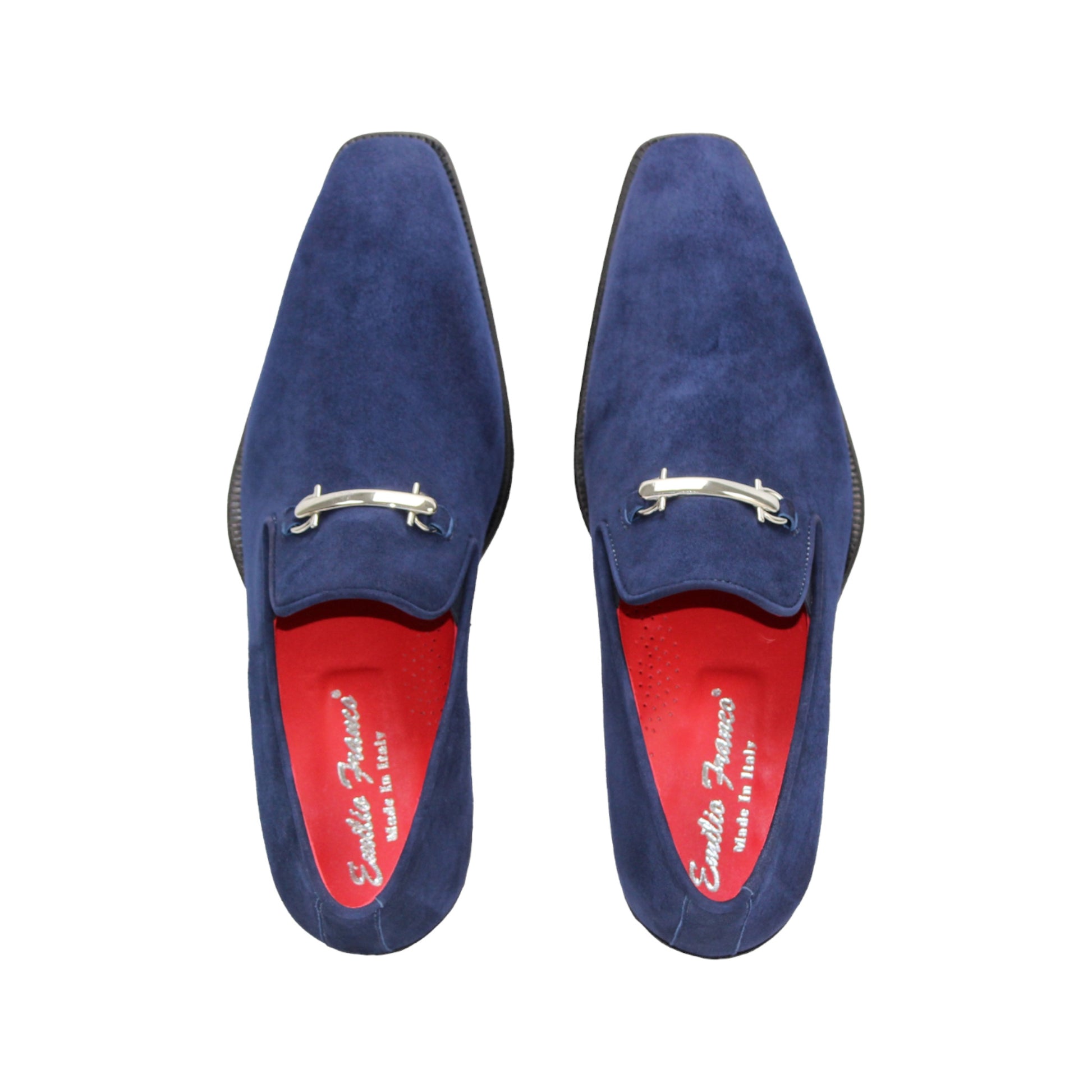 The Emilio Franco Francesco Navy is a handcrafted blue suede men’s dress shoe featuring silver metal detail, a red inner lining, and black sole, displayed in side profile against a white background.
