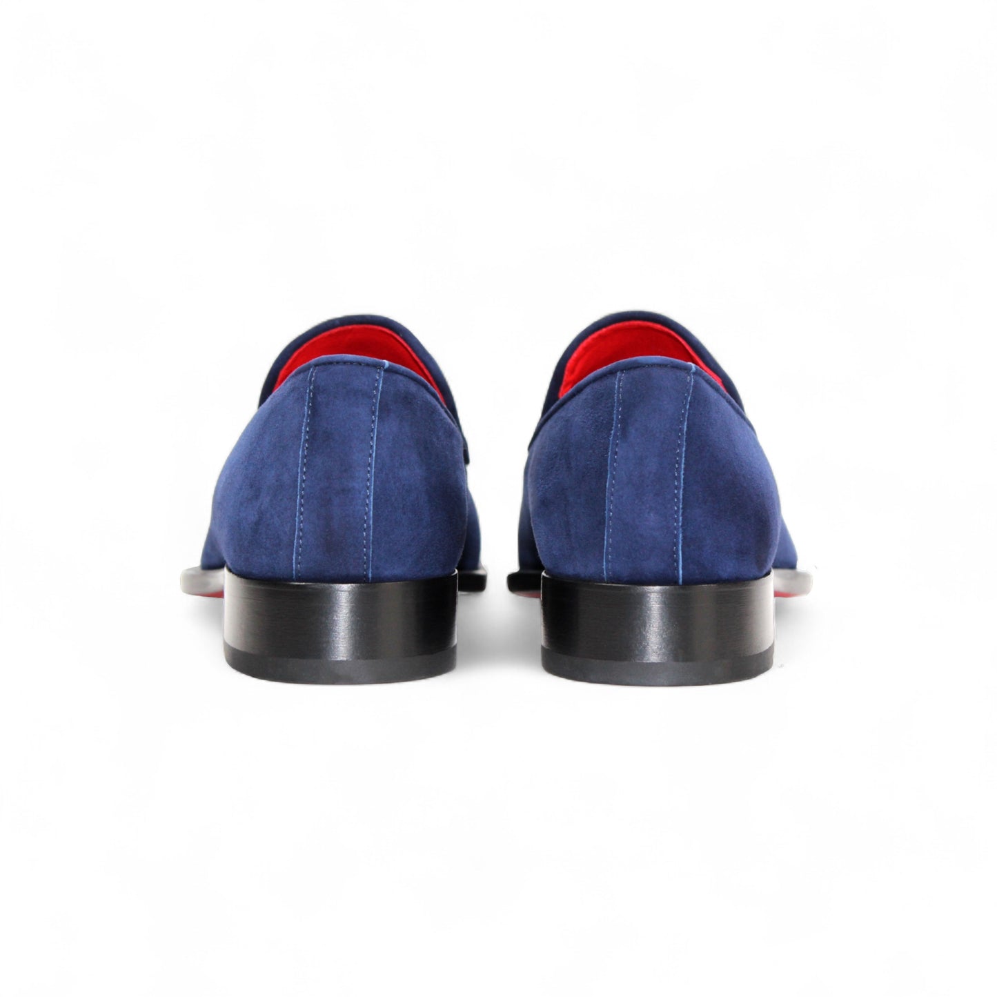 The Emilio Franco Francesco Navy is a handcrafted blue suede men’s dress shoe featuring silver metal detail, a red inner lining, and black sole, displayed in side profile against a white background.