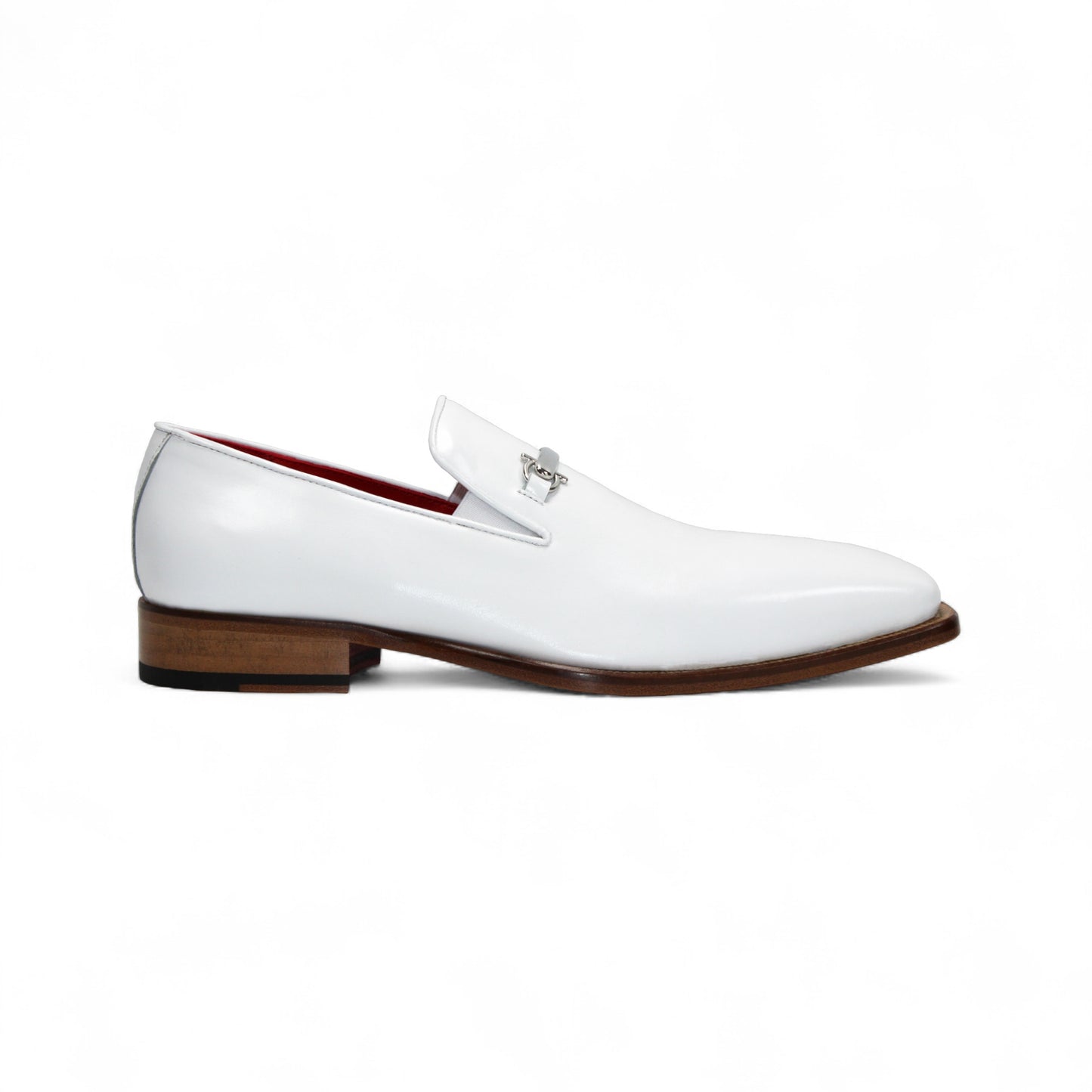 The Emilio Franco "Francesco" White Shoes are Italian-made white leather loafers with a silver metal accent, brown sole, and low heel, shown on a white background.
