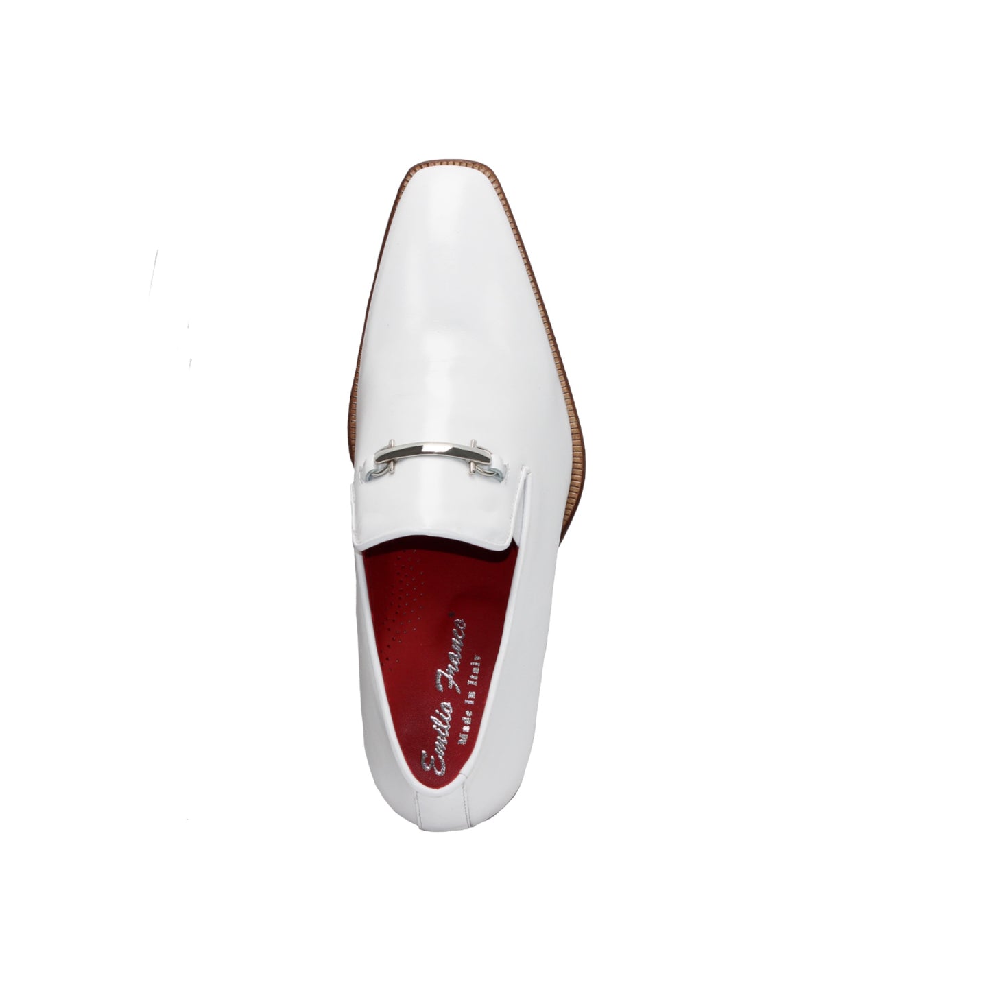 The Emilio Franco "Francesco" White Shoes are Italian-made white leather loafers with a silver metal accent, brown sole, and low heel, shown on a white background.