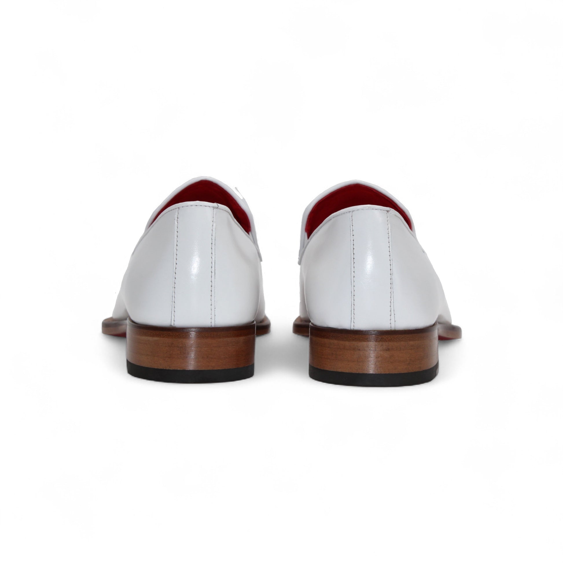 The Emilio Franco "Francesco" White Shoes are Italian-made white leather loafers with a silver metal accent, brown sole, and low heel, shown on a white background.