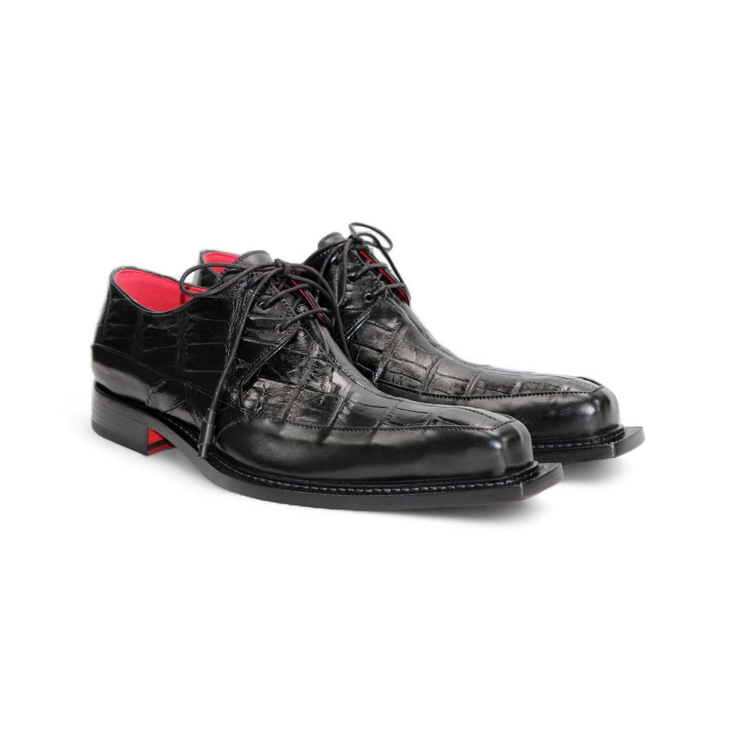 The Fennix Frank Black by Fennix of Italy is a men's black leather dress shoe with a crocodile texture, lace-up closure, red lining, and a squared toe—luxury footwear designed to make a statement.