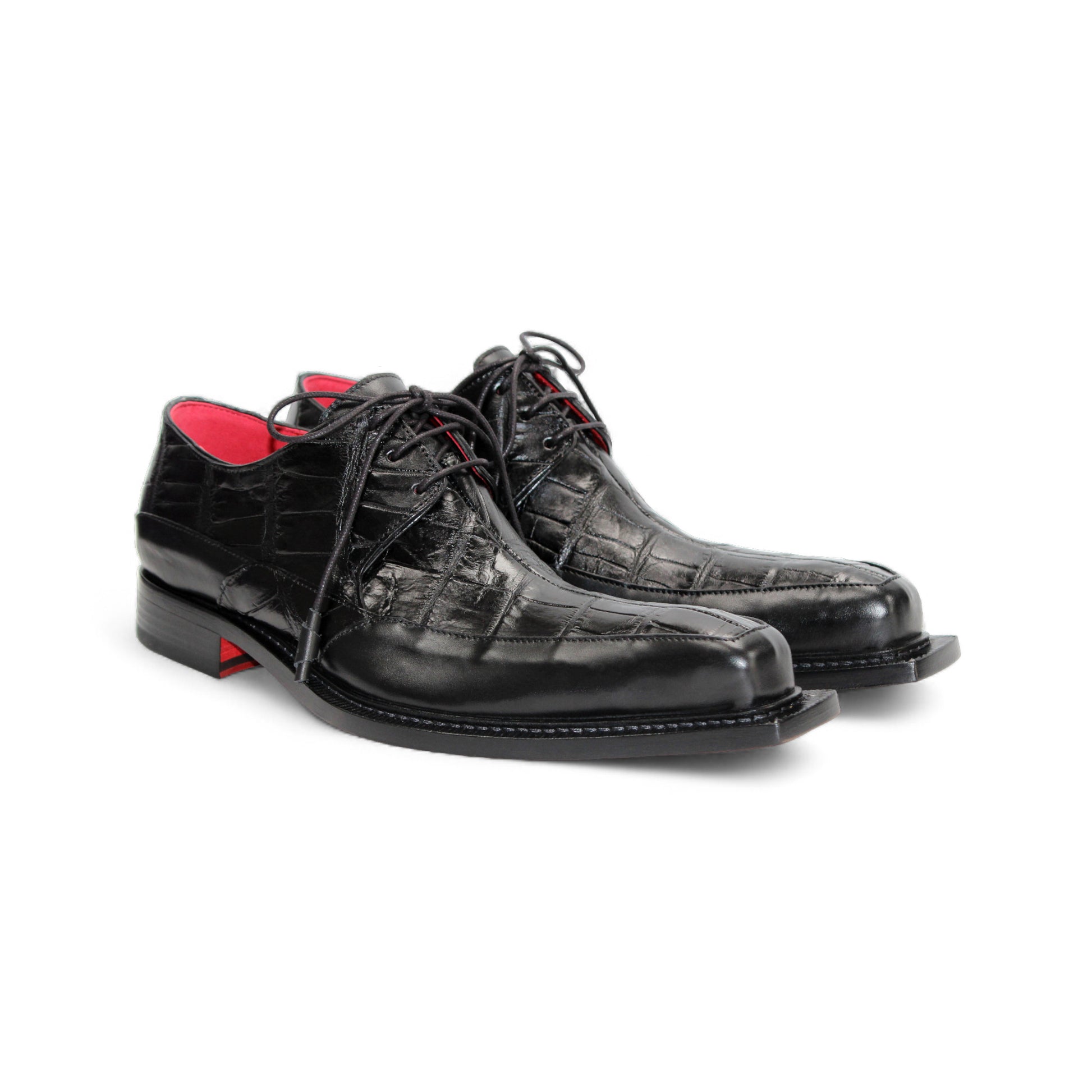 The Fennix Frank Black by Fennix of Italy is a men's black leather dress shoe with a crocodile texture, lace-up closure, red lining, and a squared toe—luxury footwear designed to make a statement.