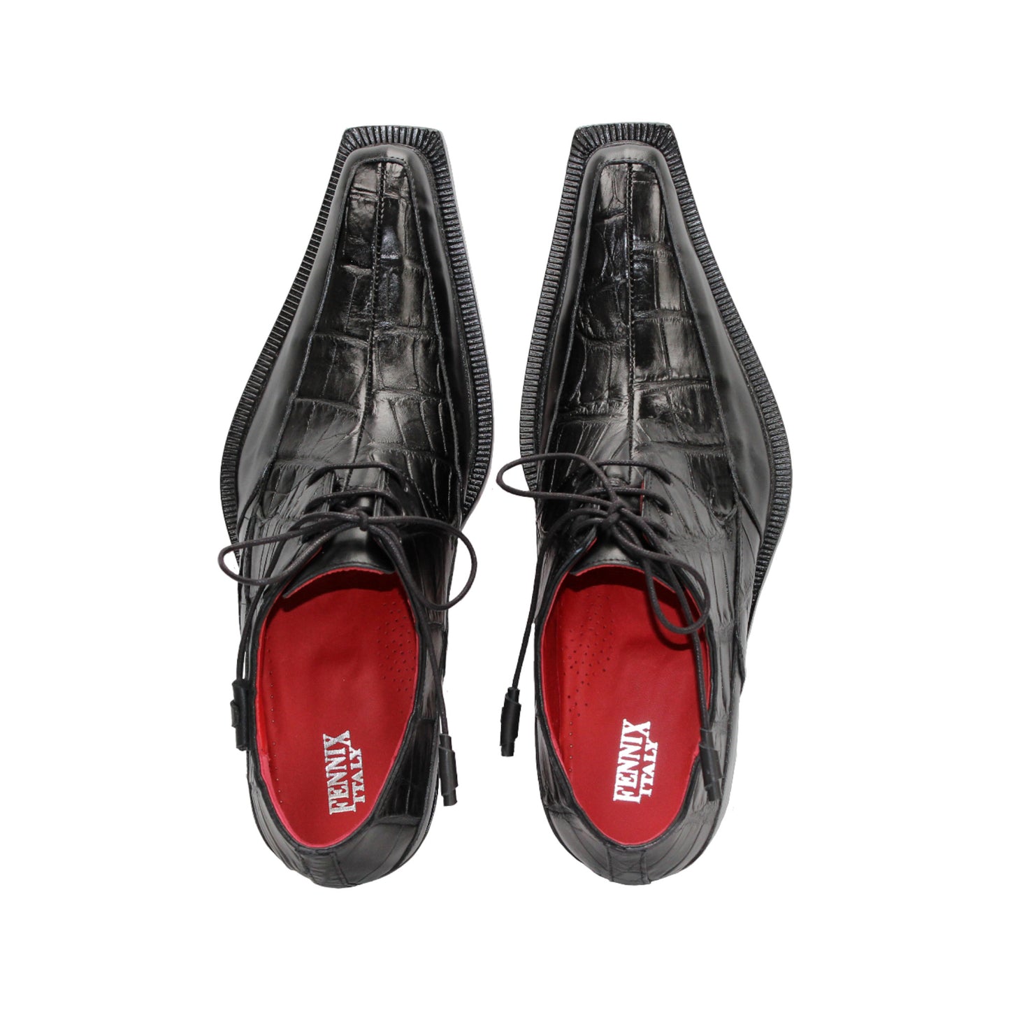 The Fennix Frank Black by Fennix of Italy is a men's black leather dress shoe with a crocodile texture, lace-up closure, red lining, and a squared toe—luxury footwear designed to make a statement.