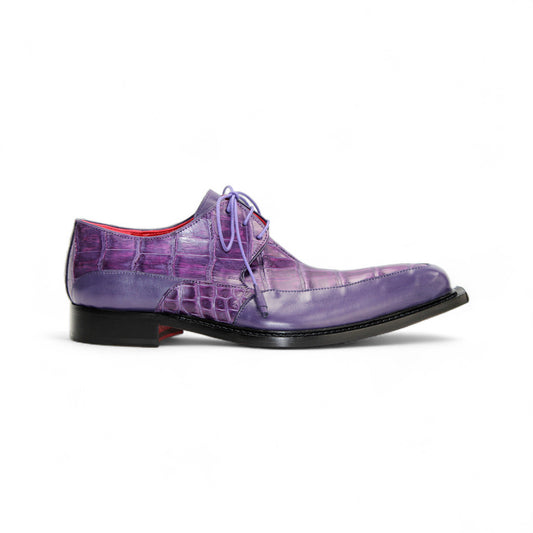 The Fennix Frank Purple by Fennix of Italy is a purple genuine alligator lace-up shoe featuring Italian craftsmanship, a low heel, and a polished black leather sole, shown in profile against a white background.