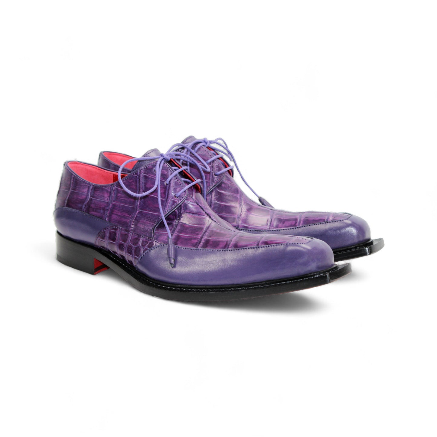 The Fennix Frank Purple by Fennix of Italy is a purple genuine alligator lace-up shoe featuring Italian craftsmanship, a low heel, and a polished black leather sole, shown in profile against a white background.