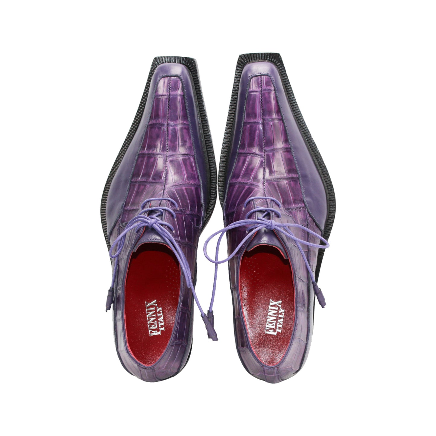 The Fennix Frank Purple by Fennix of Italy is a purple genuine alligator lace-up shoe featuring Italian craftsmanship, a low heel, and a polished black leather sole, shown in profile against a white background.