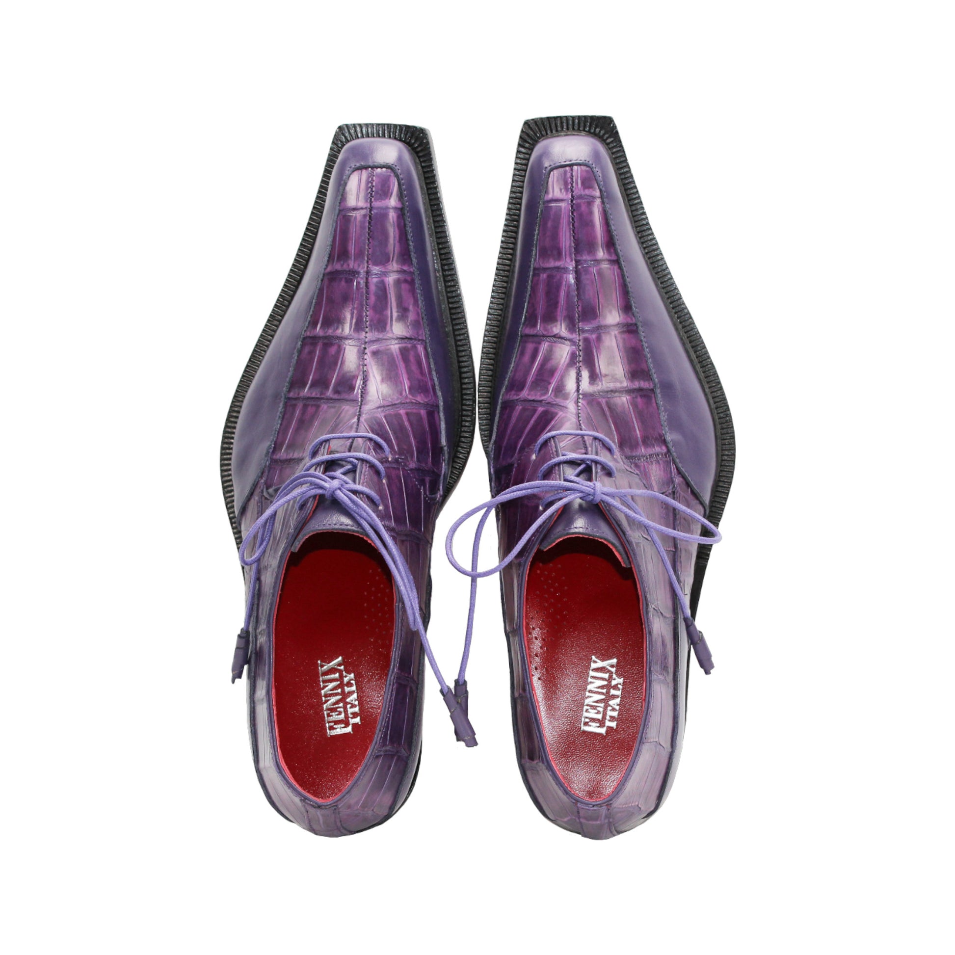 The Fennix Frank Purple by Fennix of Italy is a purple genuine alligator lace-up shoe featuring Italian craftsmanship, a low heel, and a polished black leather sole, shown in profile against a white background.