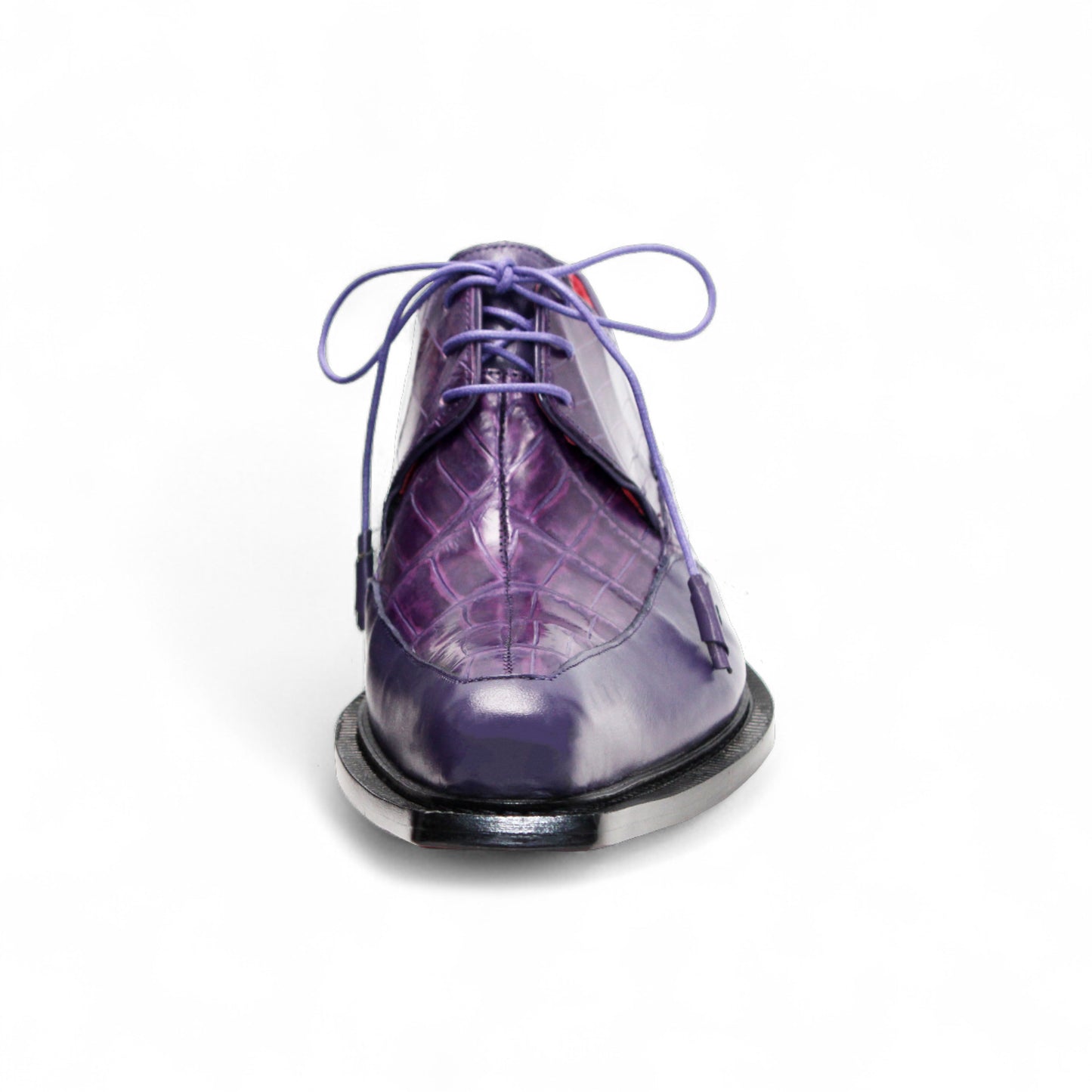 The Fennix Frank Purple by Fennix of Italy is a purple genuine alligator lace-up shoe featuring Italian craftsmanship, a low heel, and a polished black leather sole, shown in profile against a white background.