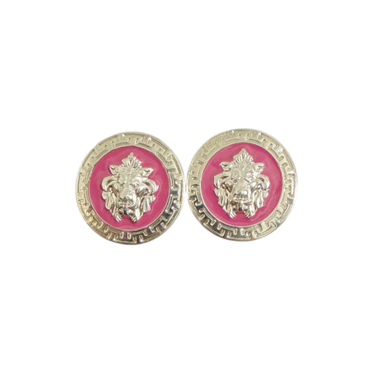 Matiste Fuxia/Silver Cufflinks by Matiste feature a raised lion head on a pink background with a decorative border, echoing the refined elegance of Italian design.