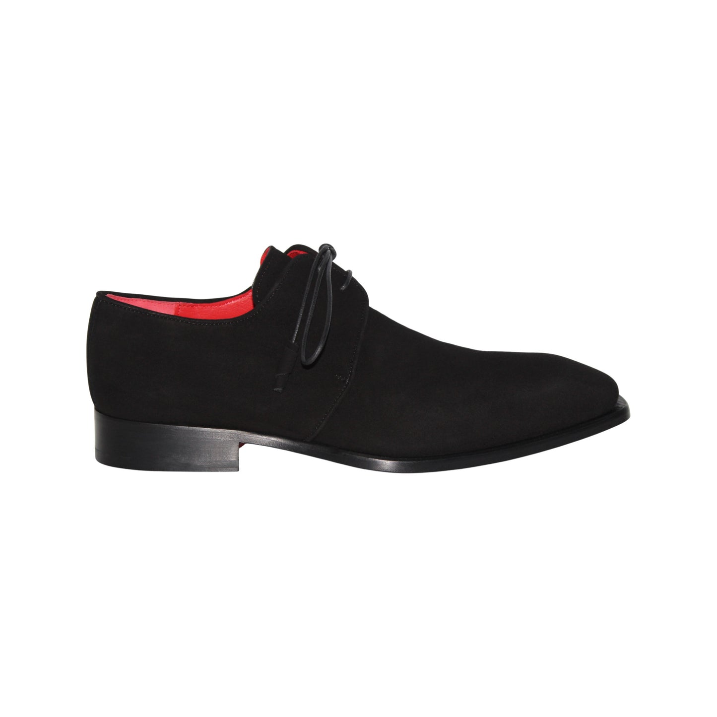 The Emilio Franco Gabriele Black is a black Italian suede lace-up dress shoe with leather sole, low heel, and red inner lining, shown in profile against a white background.