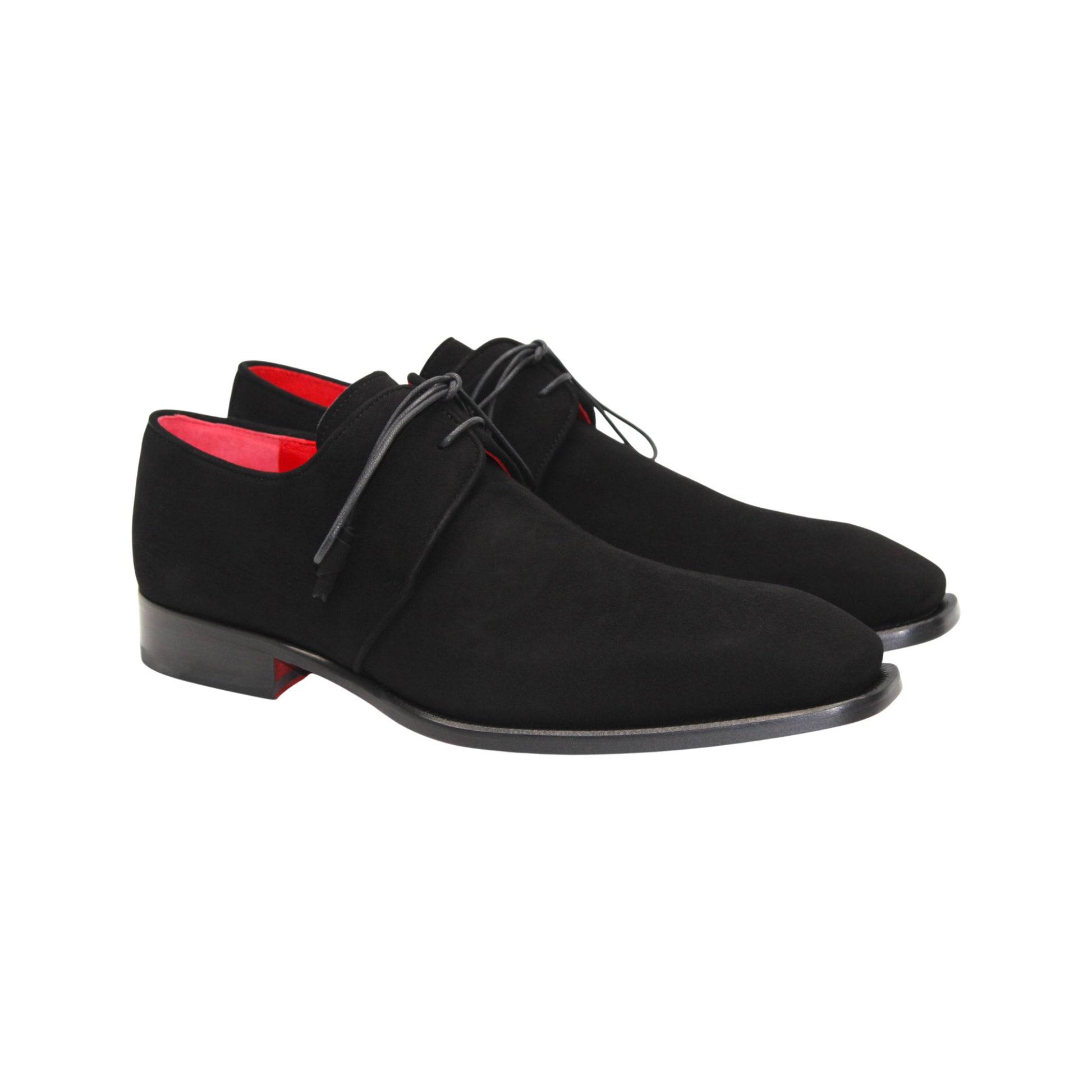 The Emilio Franco Gabriele Black is a black Italian suede lace-up dress shoe with leather sole, low heel, and red inner lining, shown in profile against a white background.