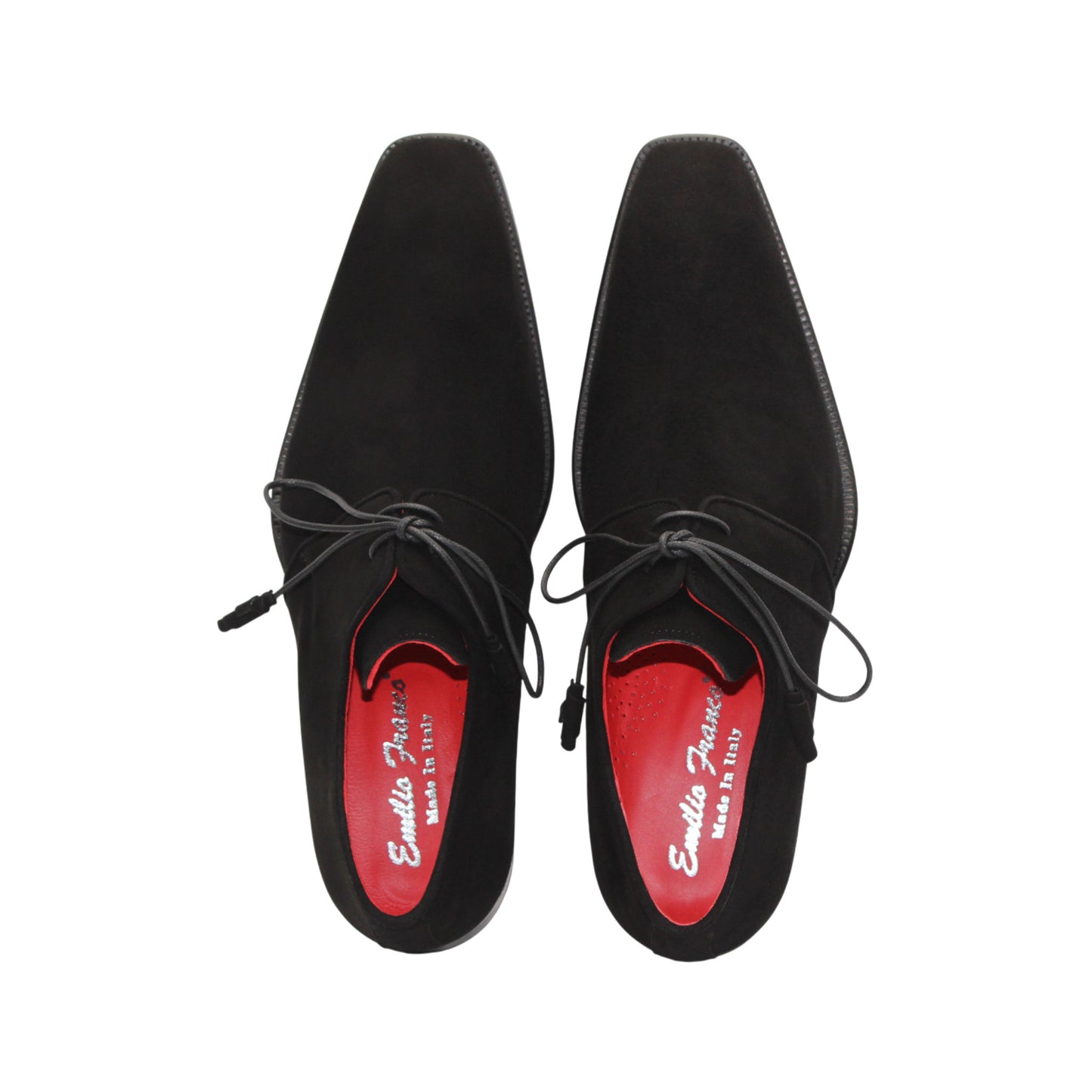 The Emilio Franco Gabriele Black is a black Italian suede lace-up dress shoe with leather sole, low heel, and red inner lining, shown in profile against a white background.