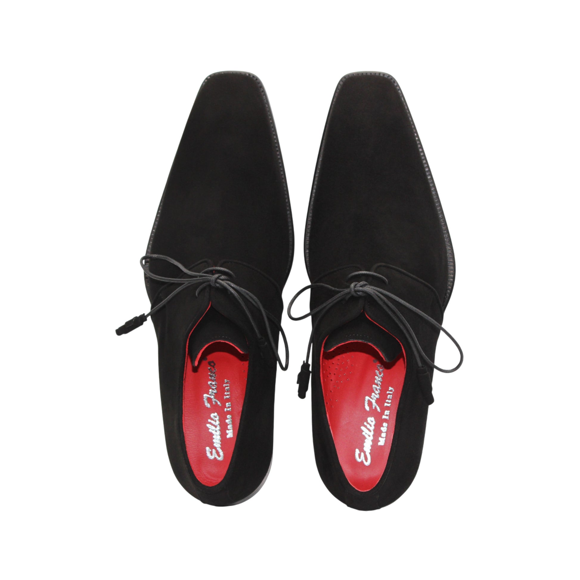 The Emilio Franco Gabriele Black is a black Italian suede lace-up dress shoe with leather sole, low heel, and red inner lining, shown in profile against a white background.