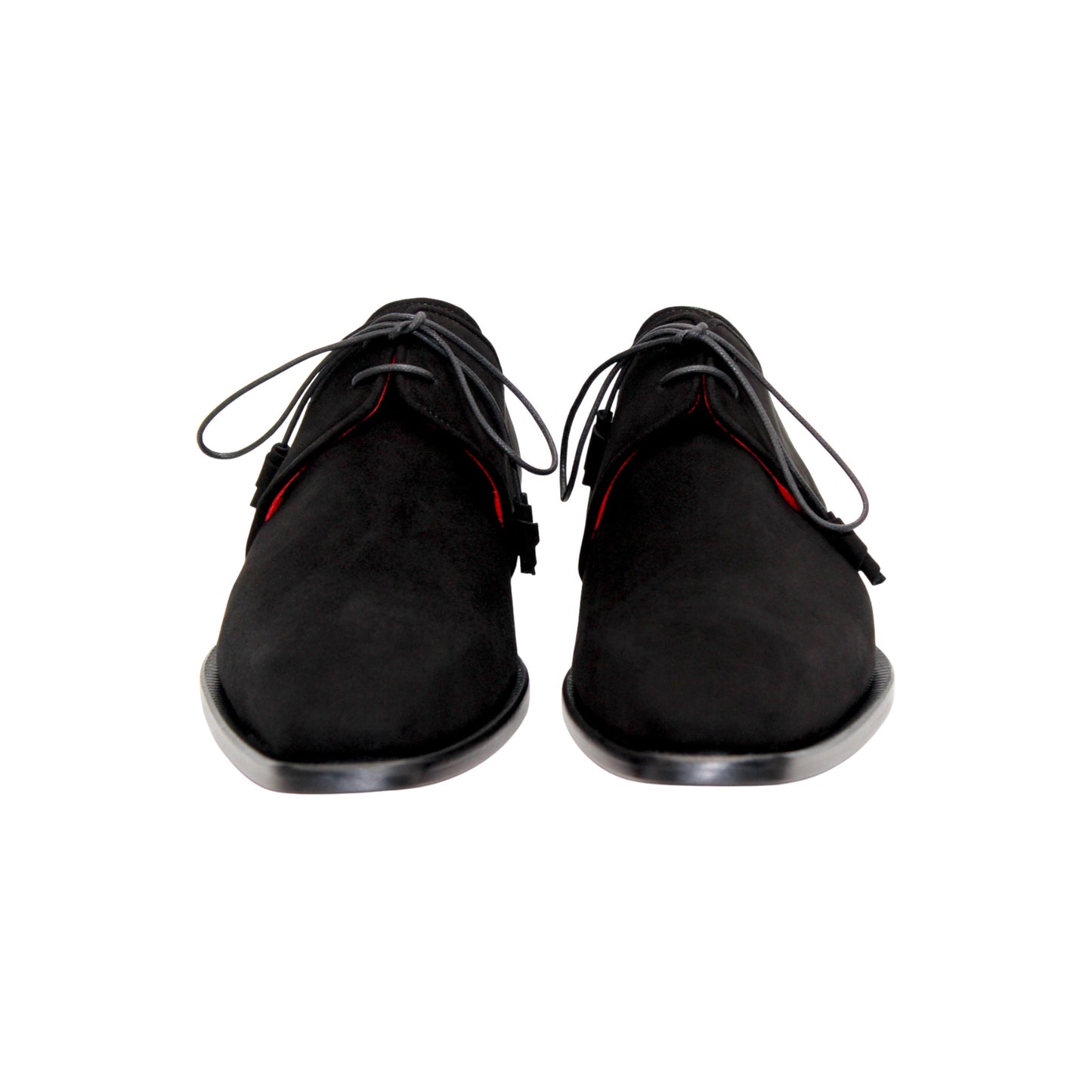 The Emilio Franco Gabriele Black is a black Italian suede lace-up dress shoe with leather sole, low heel, and red inner lining, shown in profile against a white background.