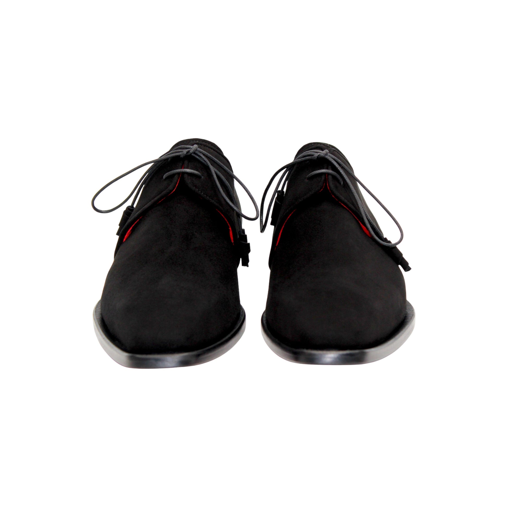 The Emilio Franco Gabriele Black is a black Italian suede lace-up dress shoe with leather sole, low heel, and red inner lining, shown in profile against a white background.