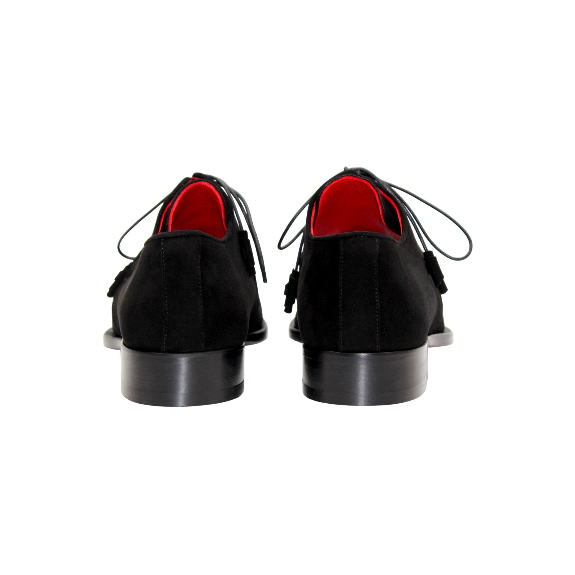 The Emilio Franco Gabriele Black is a black Italian suede lace-up dress shoe with leather sole, low heel, and red inner lining, shown in profile against a white background.