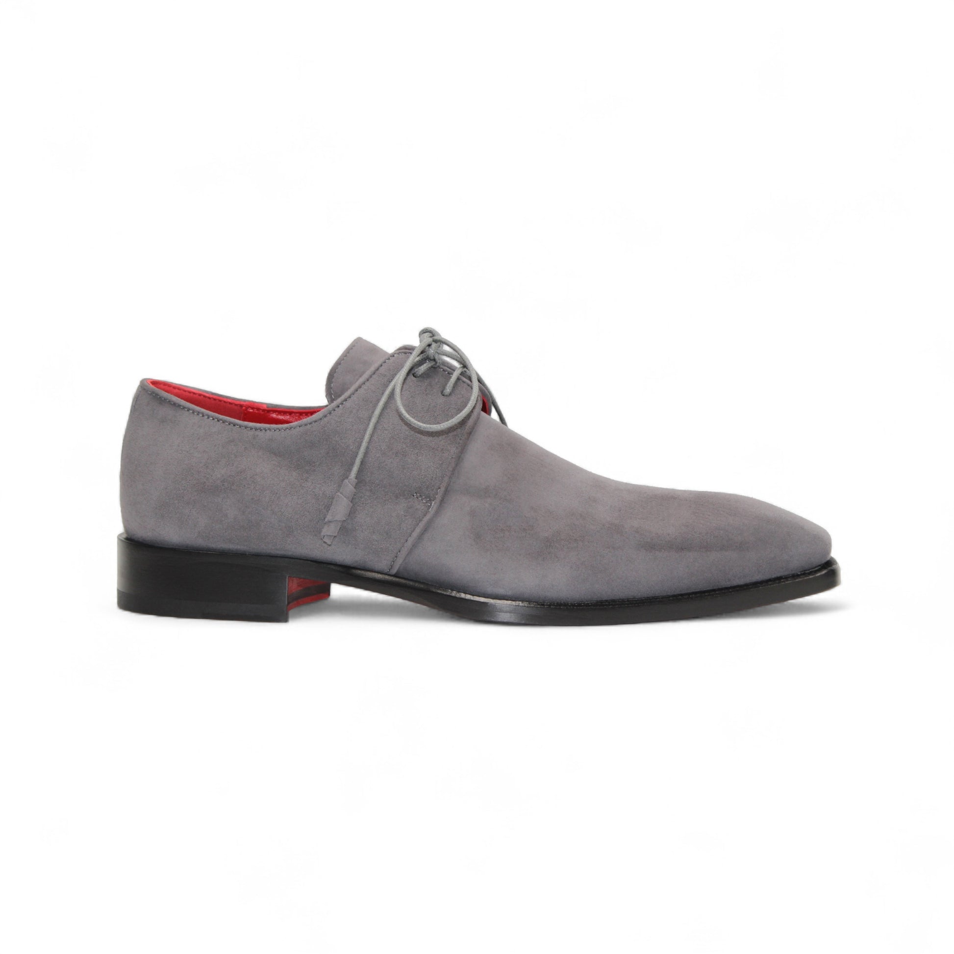 The Emilio Franco Gabriele Grey is an Italian suede lace-up dress shoe in grey, featuring a black leather sole and red interior, shown in side profile on a white background for timeless style.