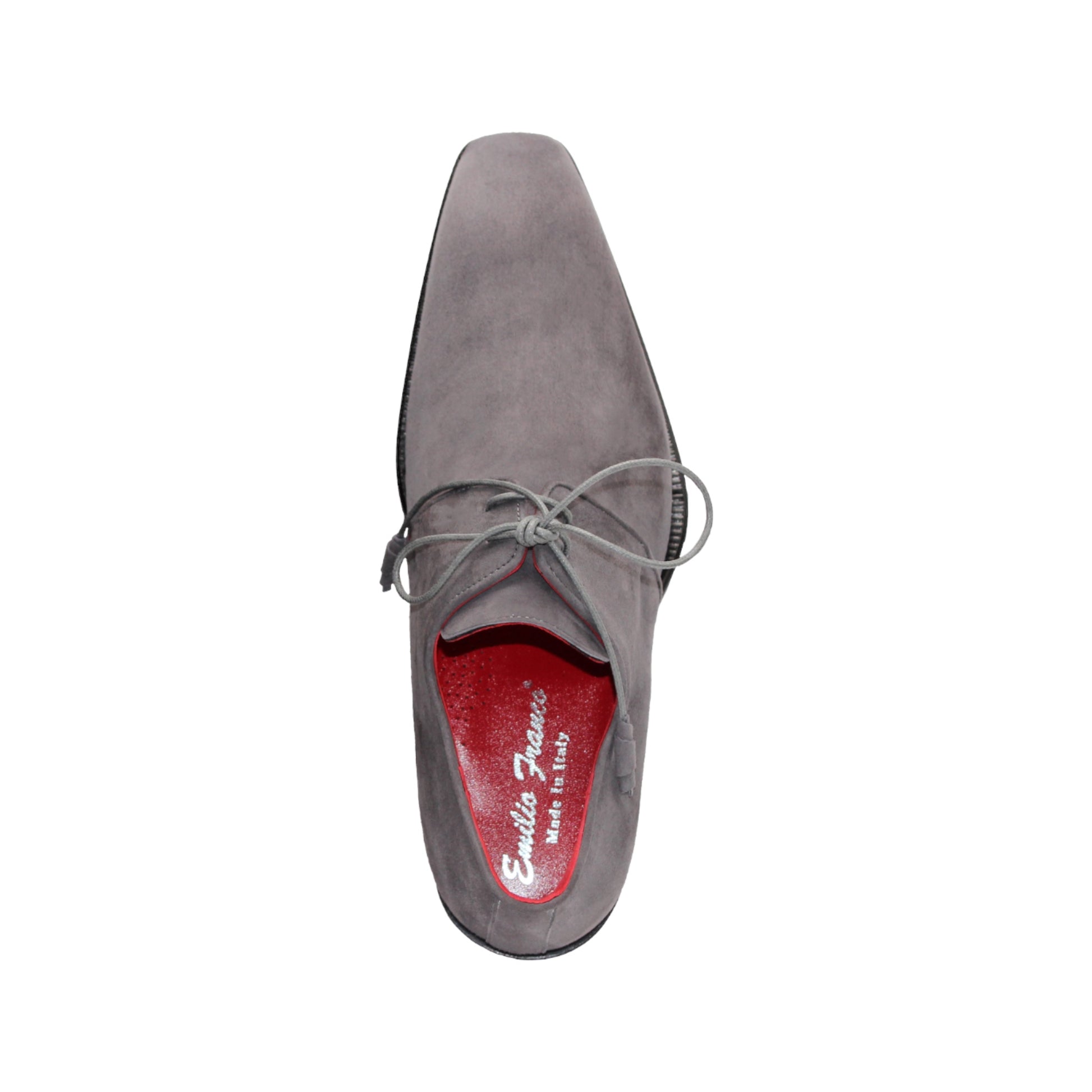The Emilio Franco Gabriele Grey is an Italian suede lace-up dress shoe in grey, featuring a black leather sole and red interior, shown in side profile on a white background for timeless style.