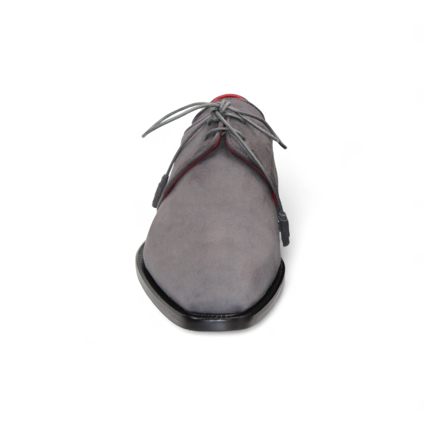 The Emilio Franco Gabriele Grey is an Italian suede lace-up dress shoe in grey, featuring a black leather sole and red interior, shown in side profile on a white background for timeless style.