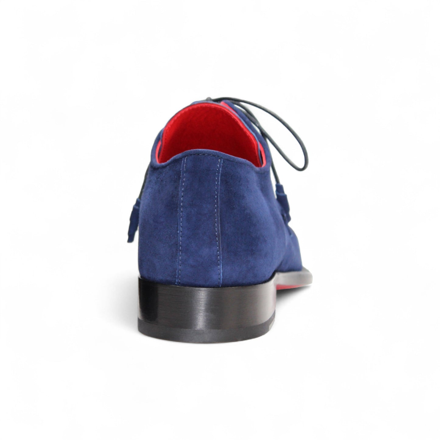 The Emilio Franco Gabriele Navy men’s dress shoe features dark blue Italian suede, laces, a black leather sole, and a red inner lining, shown in profile on a white background.
