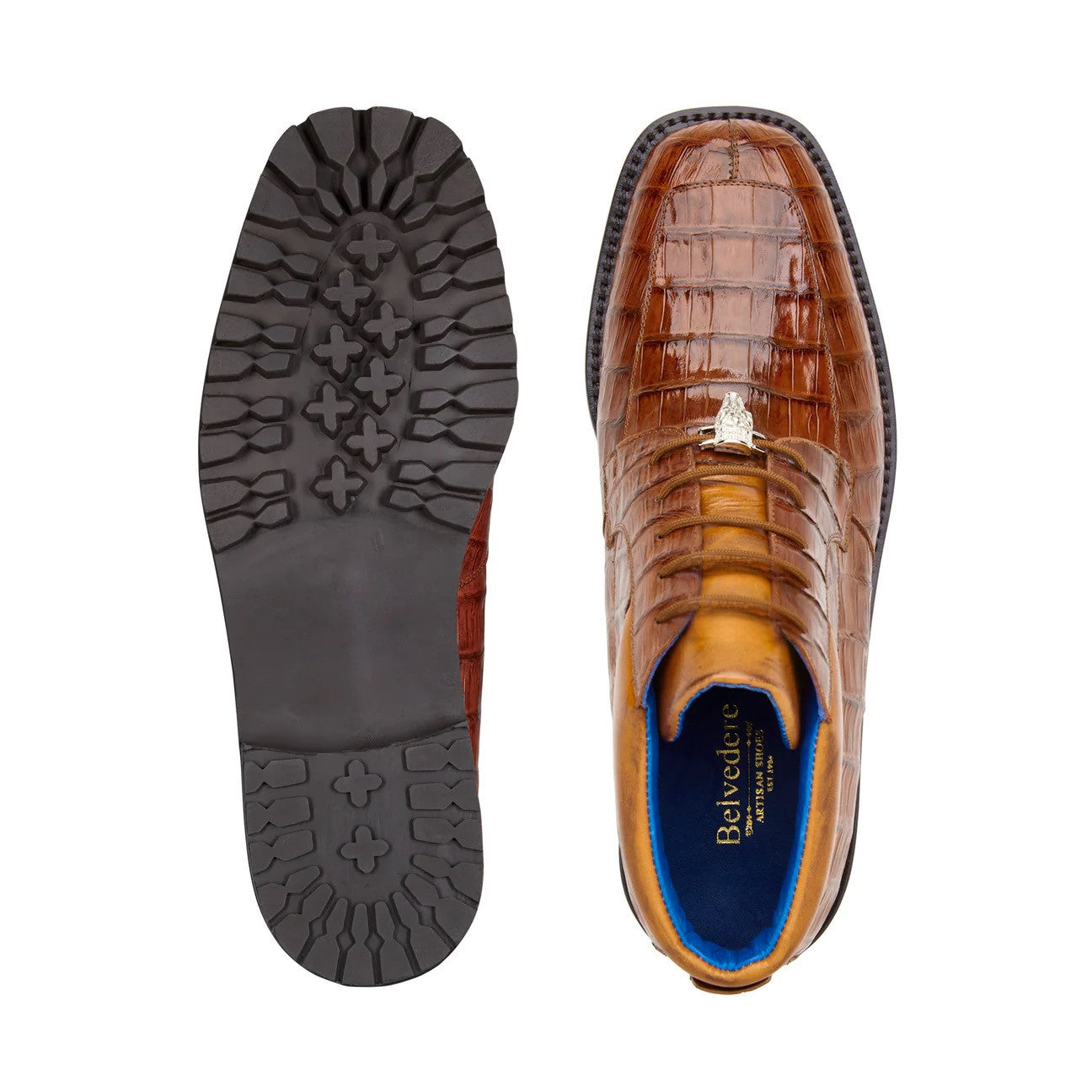 The BELVEDERE Gallardo, Genuine Caiman Crocodile Dress Shoe in Ant. Sport, features a textured brown leather upper, lace-up closure, cushioned insole, black rugged sole, and tan accents—shown on a white background.