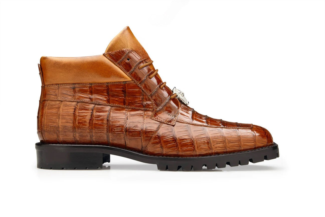 The BELVEDERE Gallardo, Genuine Caiman Crocodile Dress Shoe in Ant. Sport, features a textured brown leather upper, lace-up closure, cushioned insole, black rugged sole, and tan accents—shown on a white background.