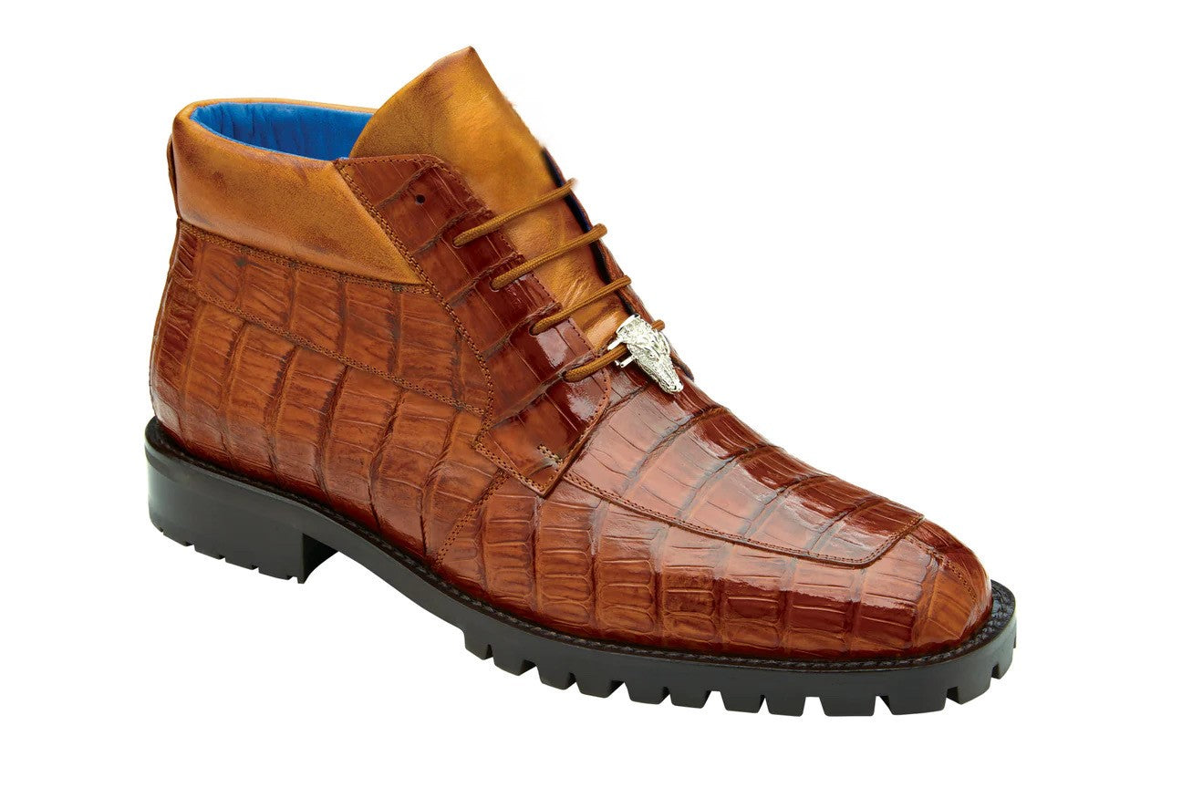 The BELVEDERE Gallardo, Genuine Caiman Crocodile Dress Shoe in Ant. Sport, features a textured brown leather upper, lace-up closure, cushioned insole, black rugged sole, and tan accents—shown on a white background.