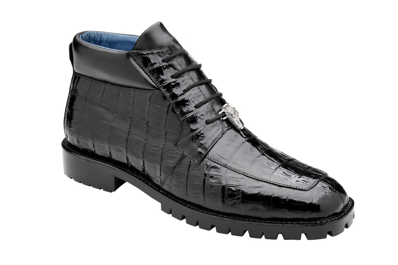 The BELVEDERE Gallardo is a black, genuine caiman crocodile dress shoe (U02) featuring high-shine leather, lace-up design, cushion insole, lug sole, and decorative tassel detail on the vamp, shown in side profile.