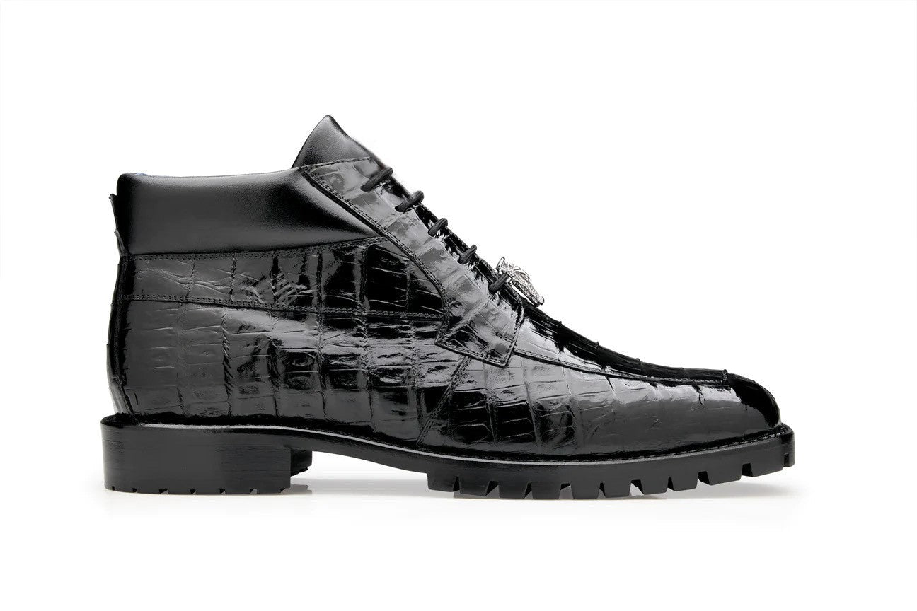 The BELVEDERE Gallardo is a black, genuine caiman crocodile dress shoe (U02) featuring high-shine leather, lace-up design, cushion insole, lug sole, and decorative tassel detail on the vamp, shown in side profile.