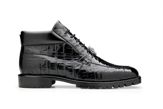 The BELVEDERE Gallardo is a black, genuine caiman crocodile dress shoe (U02) featuring high-shine leather, lace-up design, cushion insole, lug sole, and decorative tassel detail on the vamp, shown in side profile.